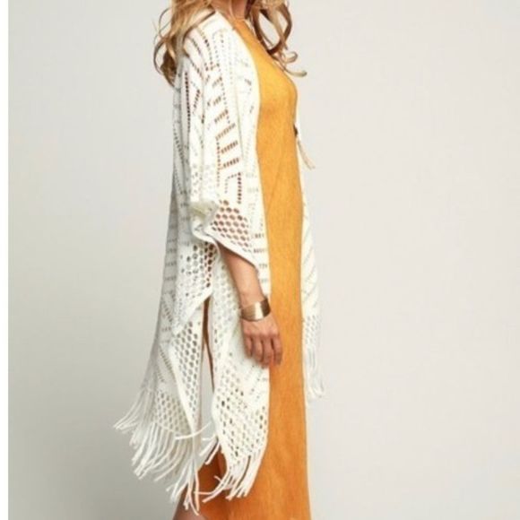 Ivory Long Crochet Ruana with Fringe - Picture 4 of 5